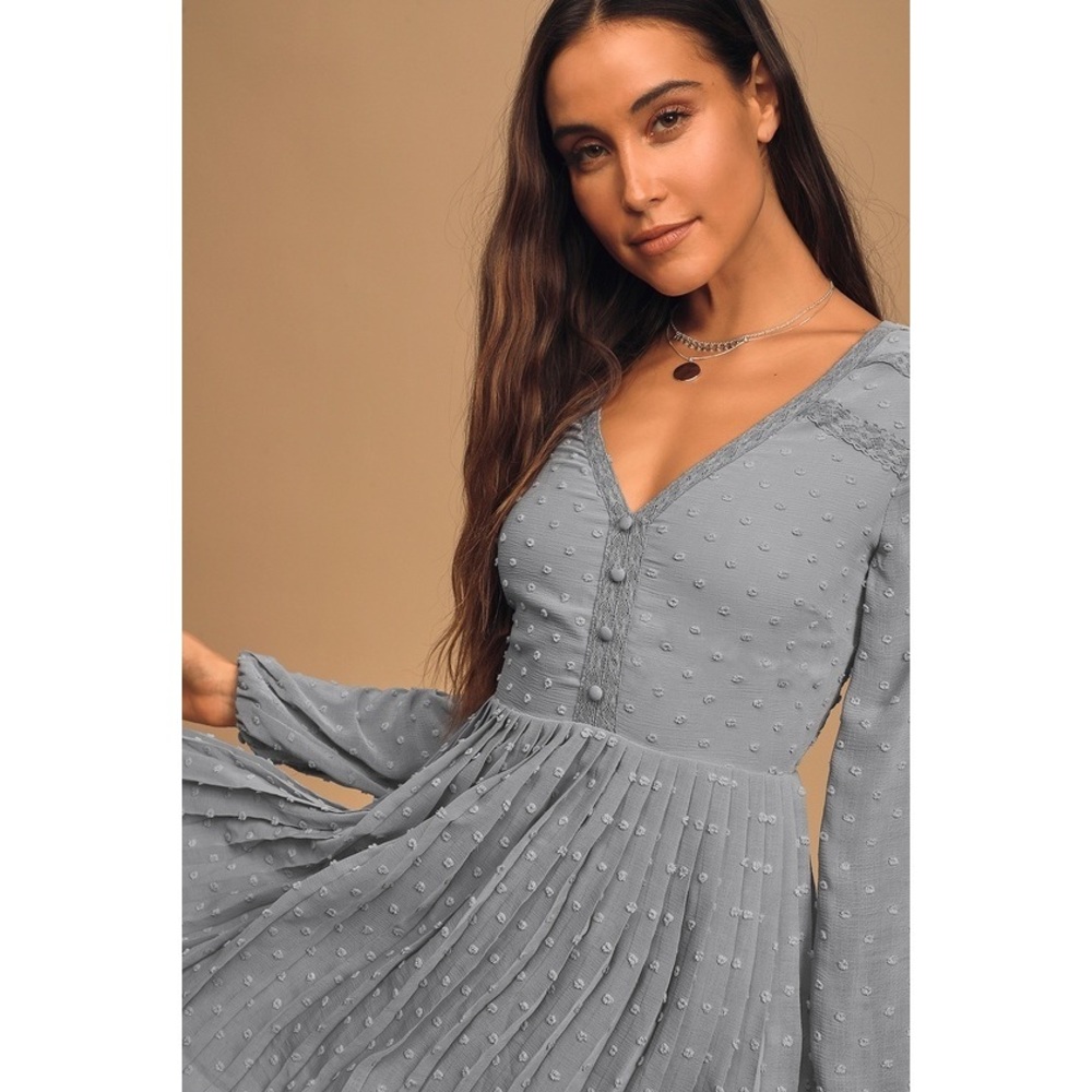 Lulus Poetic Love Dusty Blue Swiss Dot Long Sleeve Pleated Mini Dress - Size XS